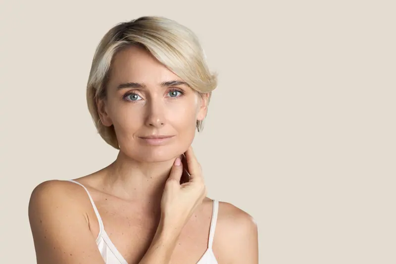 Elegant woman posing with hand on neck