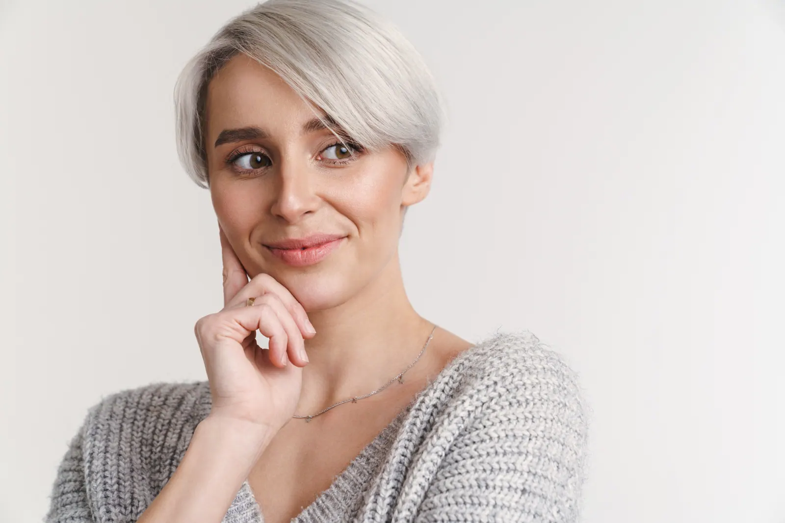 Happy beautiful silver girl smiling and looking as