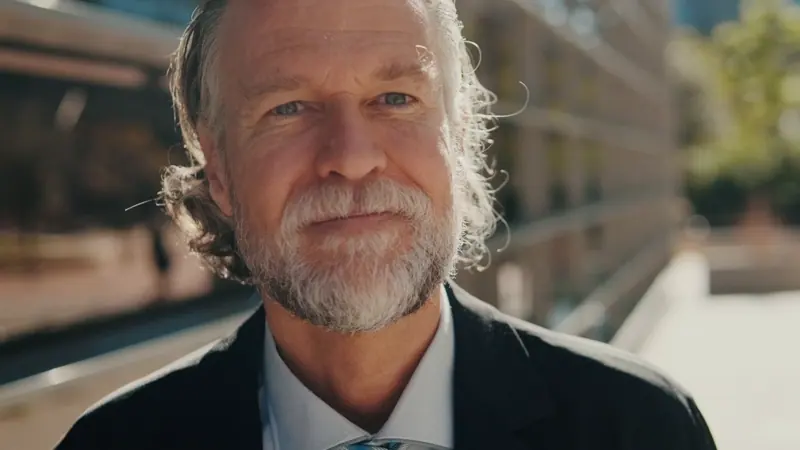 Mature man smiles in urban setting