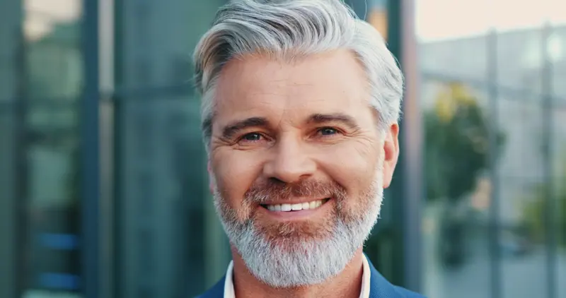 Smiling man with gray hair in city environment